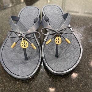 Tory Burch Metallic Blue Sandals with Gold Charms